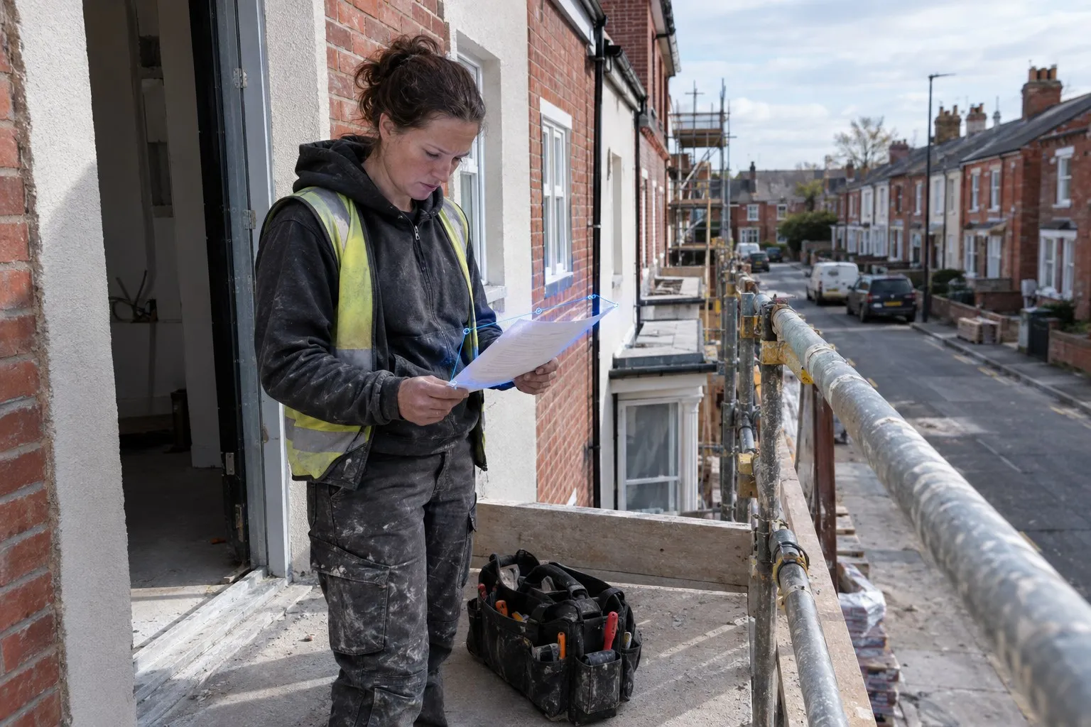A subcontractor standing on a scaffold outside a terraced house, reading a single printed sheet she has just been handed, tool bag at her feet A subcontractor standing on a scaffold outside a terraced house, reading a single printed sheet she has just been handed, tool bag at her feet