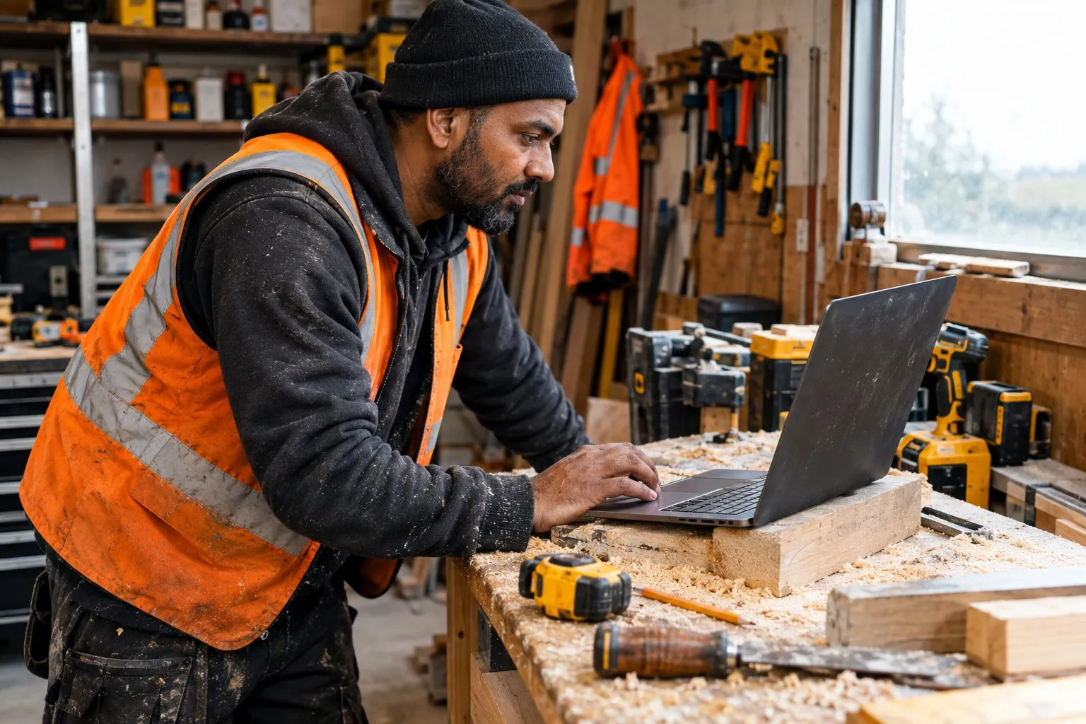A joiner standing at his bench in a small workshop, looking at a laptop propped on an offcut A joiner standing at his bench in a small workshop, looking at a laptop propped on an offcut