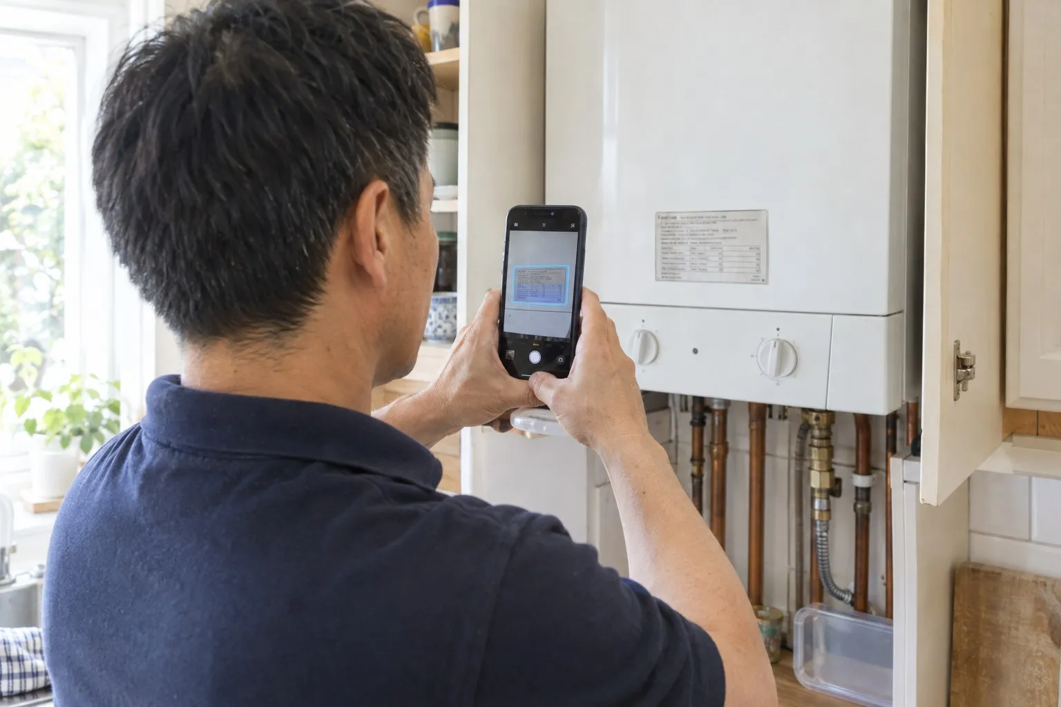 A technician photographs a boiler’s data plate on his phone, with a blue frame marking the plate on the screen A technician photographs a boiler’s data plate on his phone, with a blue frame marking the plate on the screen