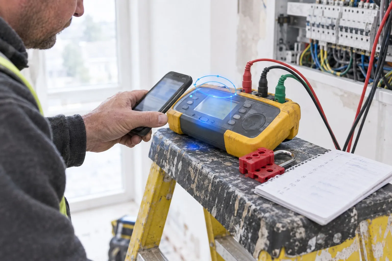 A phone held up to the display of a multifunction installation tester resting on a step ladder, its leads running to an open board, a lock-off kit and a handwritten circuit list beside it A phone held up to the display of a multifunction installation tester resting on a step ladder, its leads running to an open board, a lock-off kit and a handwritten circuit list beside it