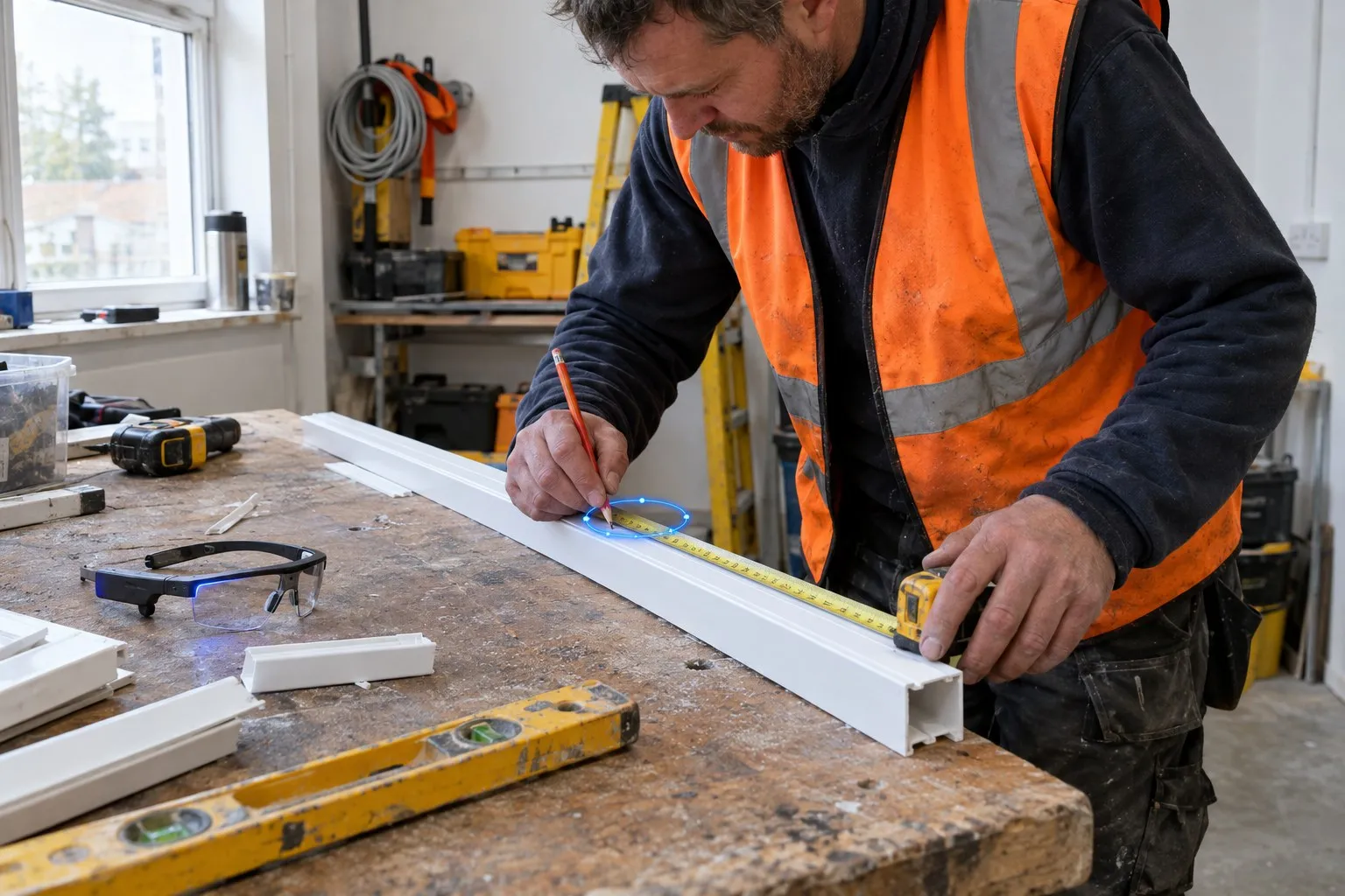 An electrician measuring and marking cable trunking on a workbench with smart glasses for electricians resting beside the work An electrician measuring and marking cable trunking on a workbench with smart glasses for electricians resting beside the work