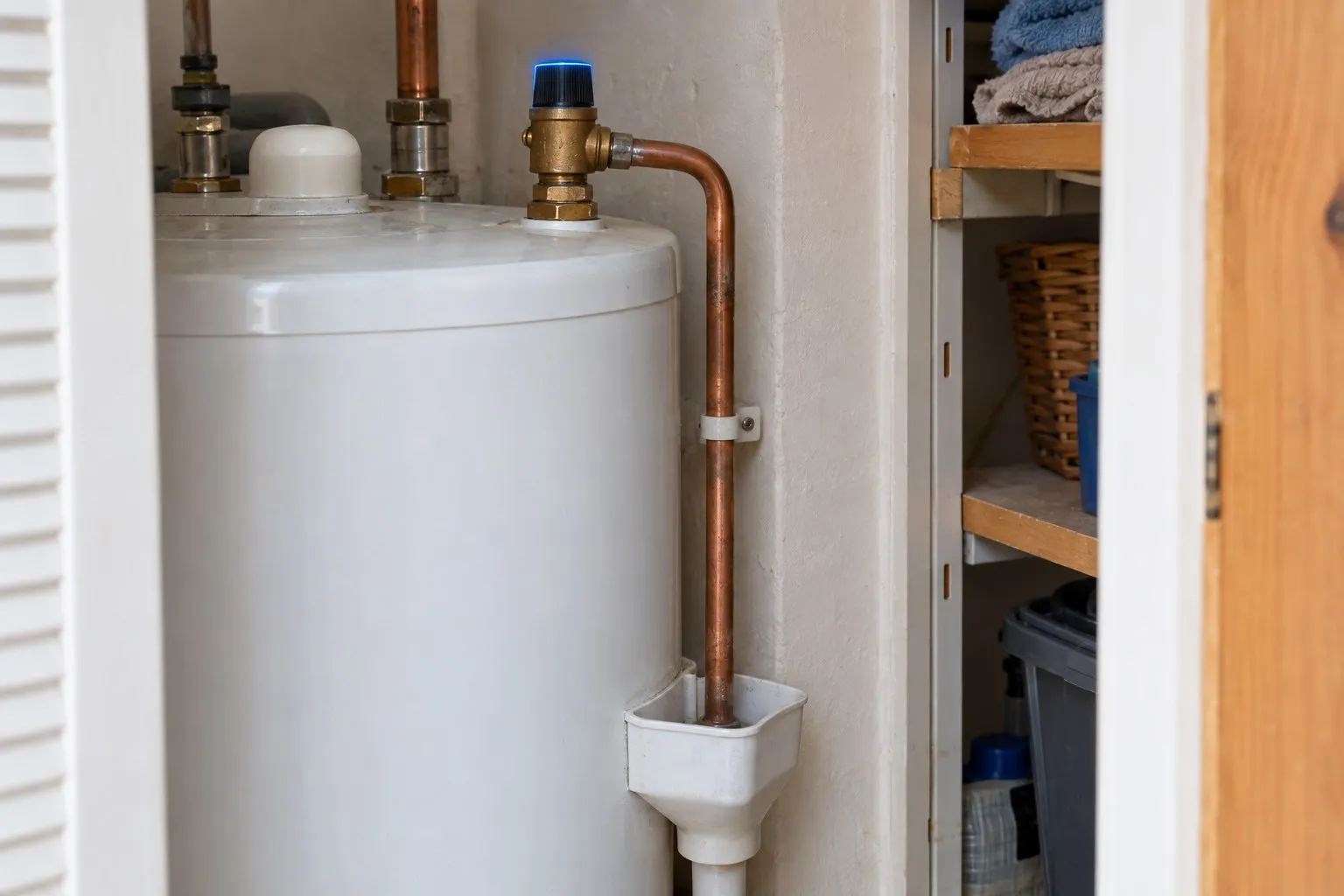 Brass relief valve and copper discharge pipe running down to a tundish on an unvented hot-water cylinder in an airing cupboard