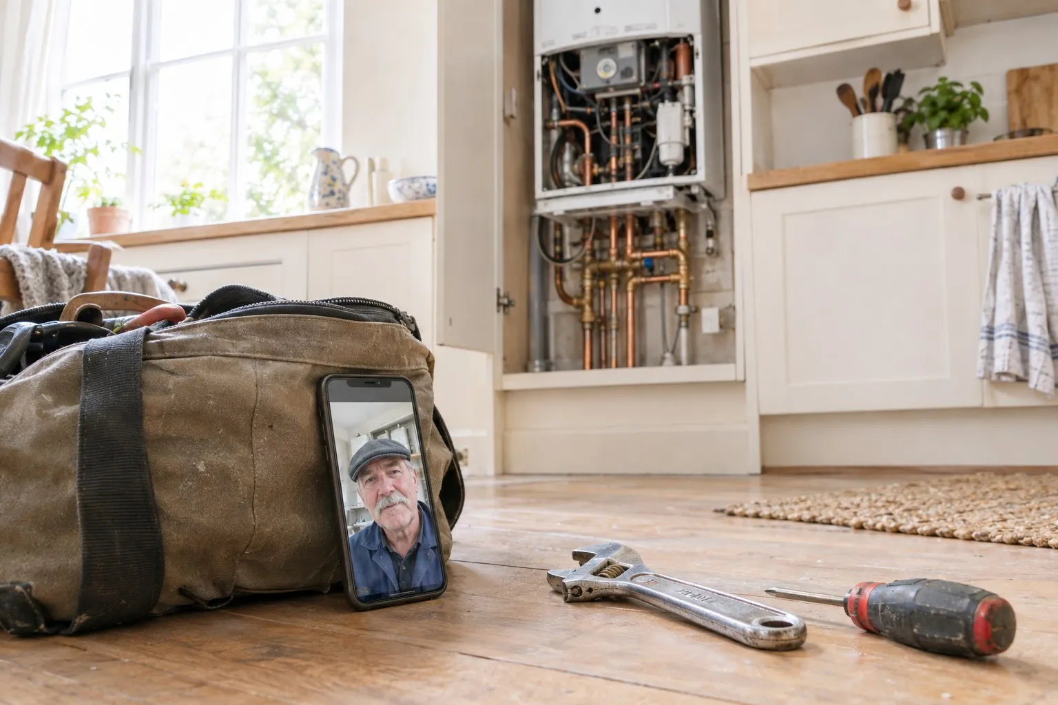 A phone propped against a plain canvas tool bag on a kitchen floor shows a video call with an older heating engineer, in front of an open boiler cupboard