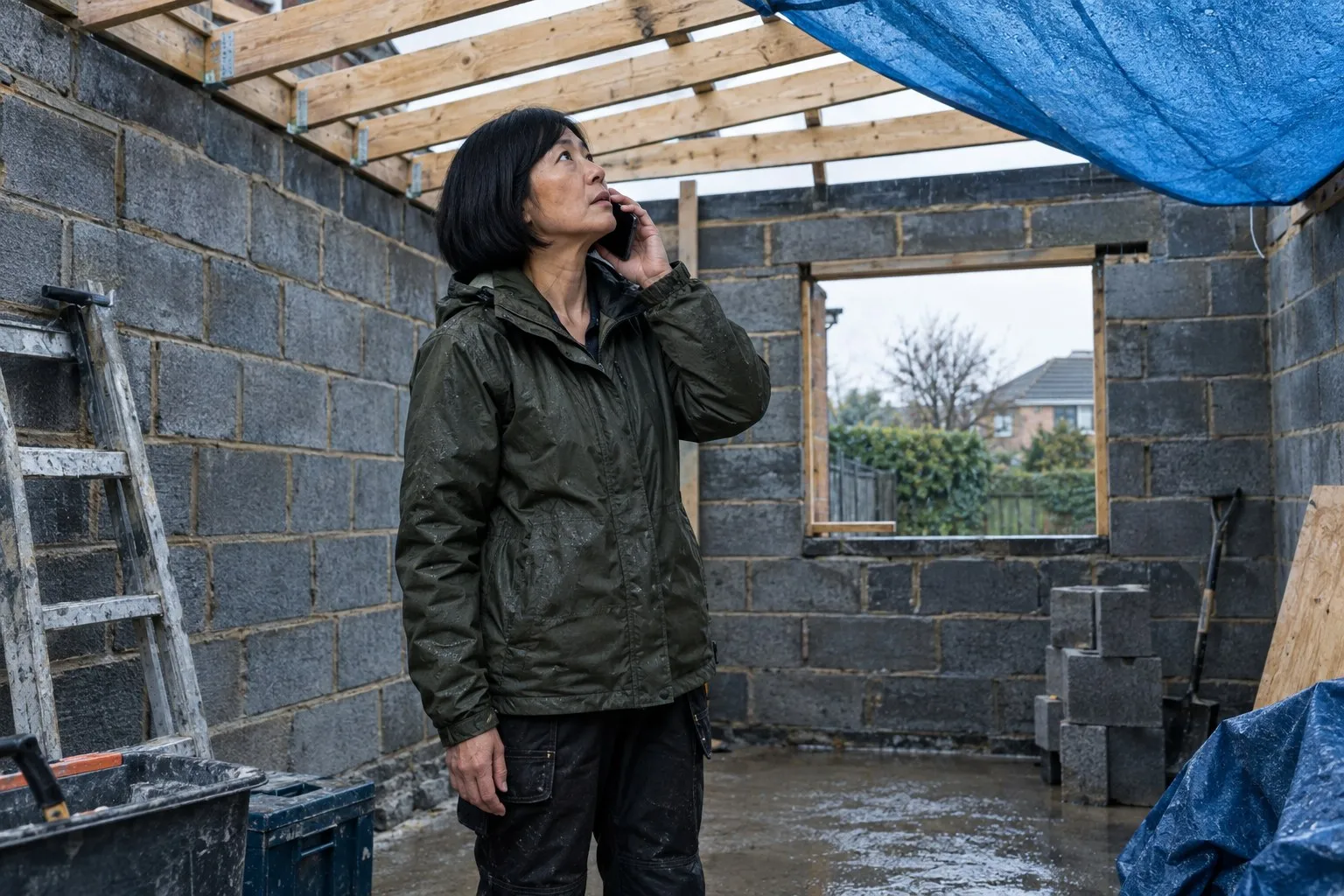 Builder on the phone inside a half built single storey extension, its roof joists still open to the rain, moving a building control inspection visit Builder on the phone inside a half built single storey extension, its roof joists still open to the rain, moving a building control inspection visit
