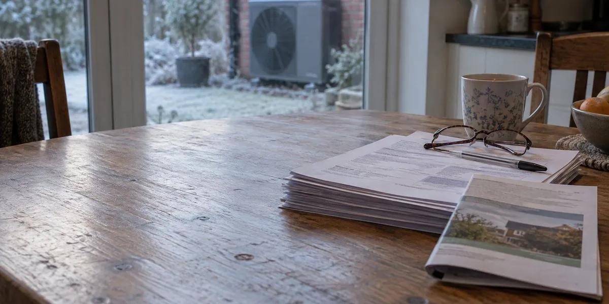 A stack of printed government forms on a kitchen table with a mug and reading glasses, an air source heat pump visible through the window behind