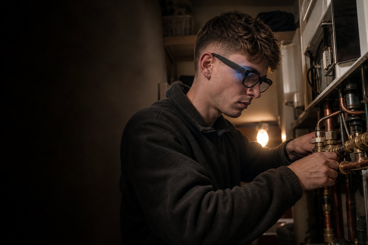 A fitter wearing TrainAR smart glasses working with both hands on the pipework of an open combi boiler, blue light from the lens on his cheek