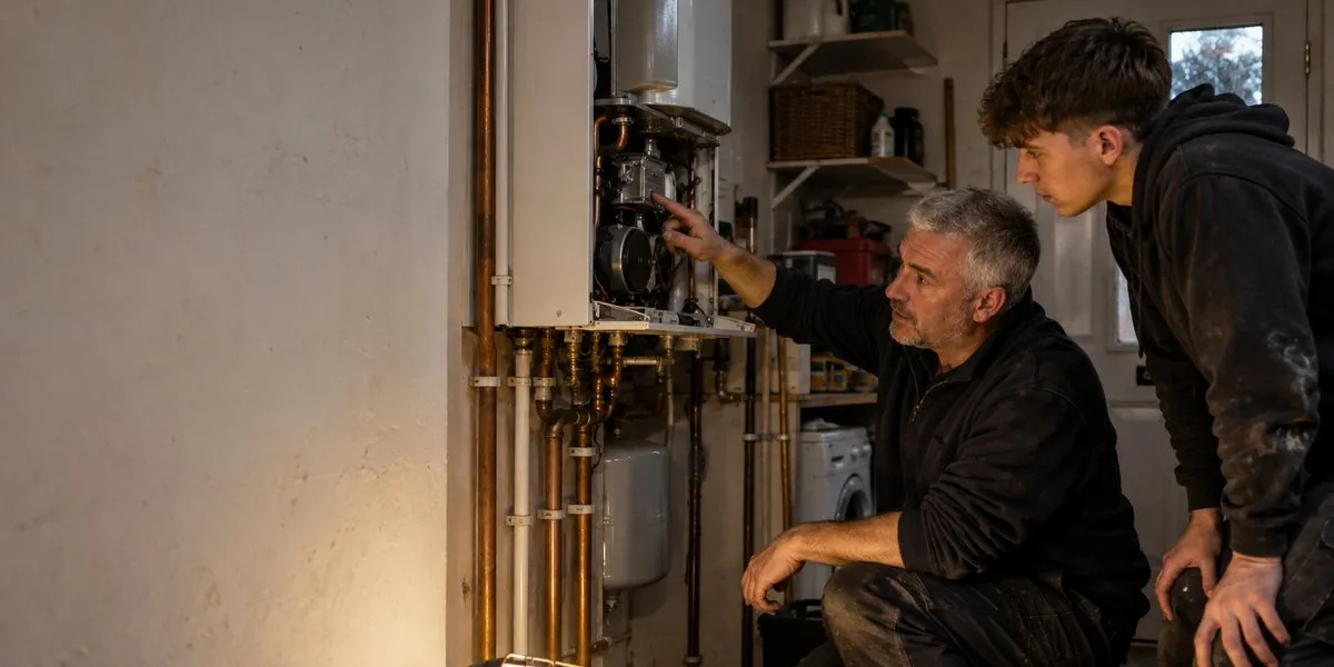 An experienced heating engineer crouched at a domestic boiler, pointing out a component to a young apprentice watching over his shoulder