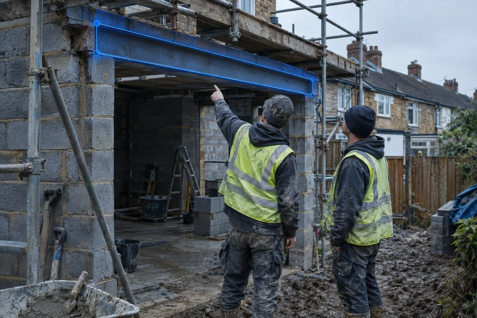 Two builders at the back of a half built extension, one pointing up at the new steel lintel over the opening while the other looks at it Two builders at the back of a half built extension, one pointing up at the new steel lintel over the opening while the other looks at it