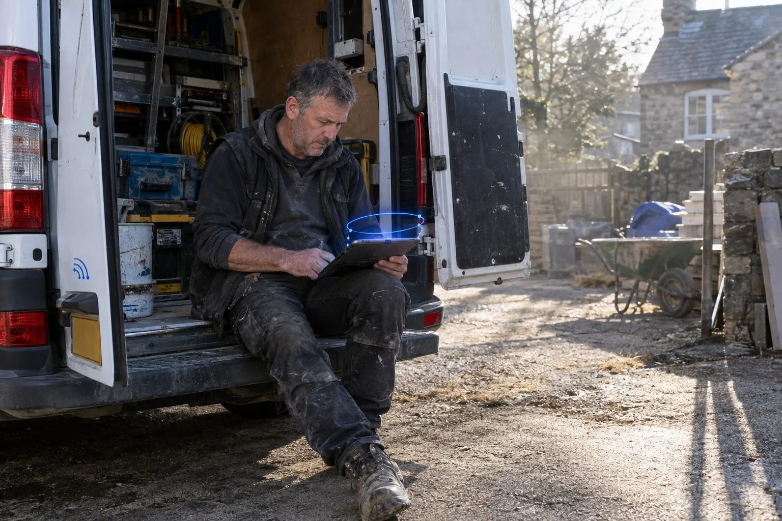 A contractor reads a fire appraisal report on a tablet at the back of a work van.