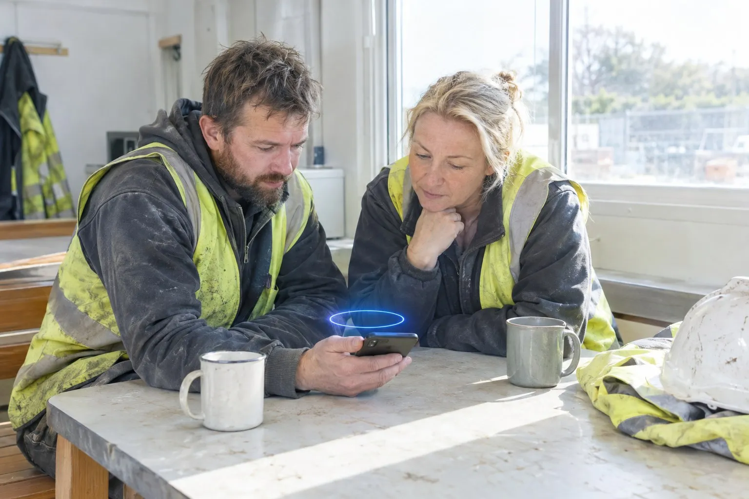 FIR training app open on a phone as a site worker and supervisor go through a short module together in a welfare cabin FIR training app open on a phone as a site worker and supervisor go through a short module together in a welfare cabin