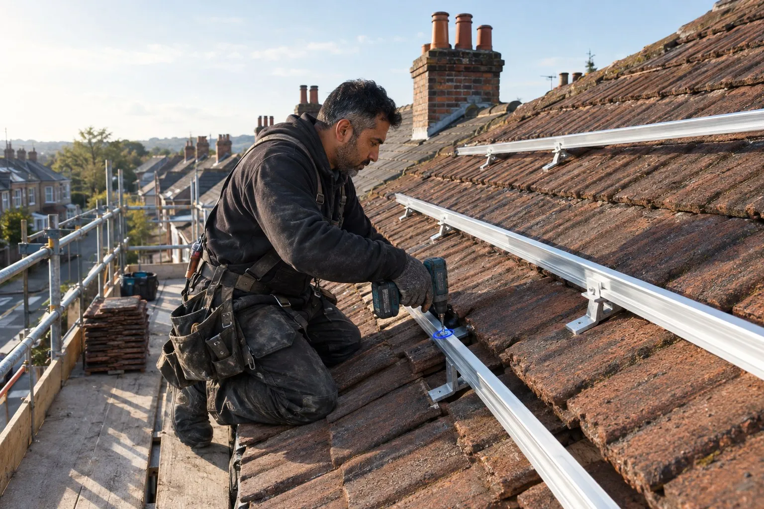 Functional competence example: a roofer fixes solar panel mounting rails to roof hooks on a tiled pitched roof, with scaffolding along the eaves and a terraced street below
