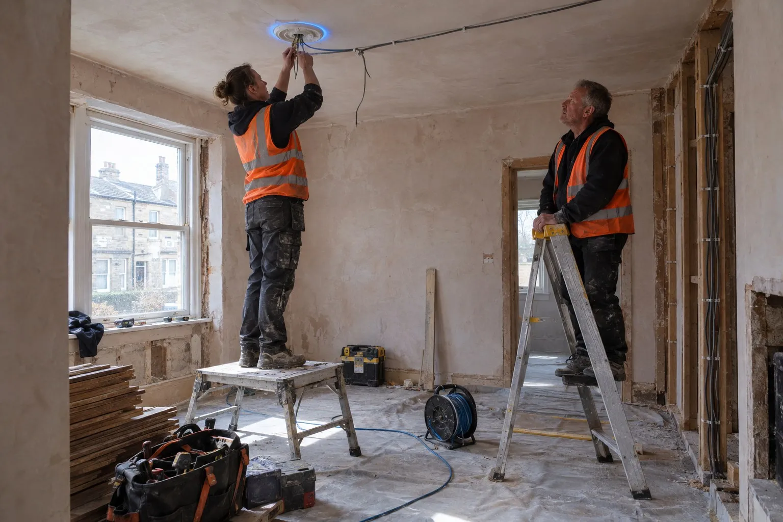 Electrician training on site: an adult trainee wires a ceiling rose during a first fix rewire while an experienced electrician watches from a stepladder
