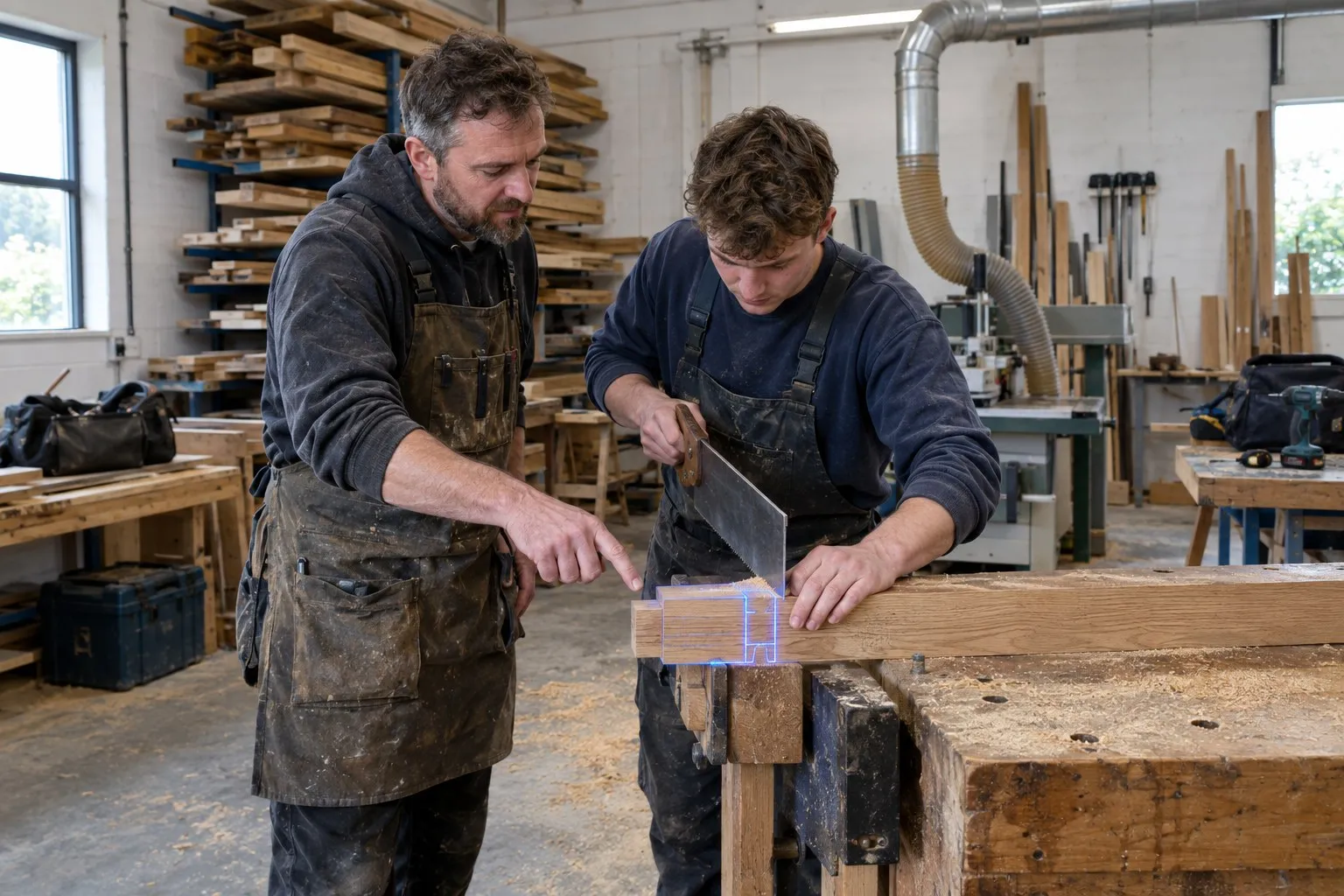Specialist upskilling in wood occupations: an experienced joiner shows a younger colleague how to cut a mortice and tenon joint at a bench in a joinery workshop, timber stacked on racks behind them Specialist upskilling in wood occupations: an experienced joiner shows a younger colleague how to cut a mortice and tenon joint at a bench in a joinery workshop, timber stacked on racks behind them
