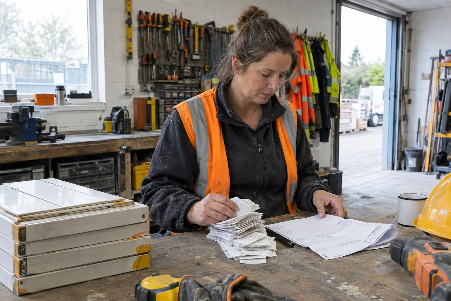 Boxed tiles on a workshop bench beside a spike of merchant receipts and one folded invoice Boxed tiles on a workshop bench beside a spike of merchant receipts and one folded invoice