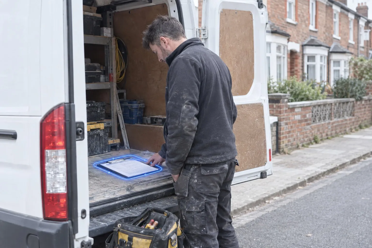 A white work van parked outside a customer's home on a residential street, a lone worker carrying a tool bag to the front door A white work van parked outside a customer's home on a residential street, a lone worker carrying a tool bag to the front door