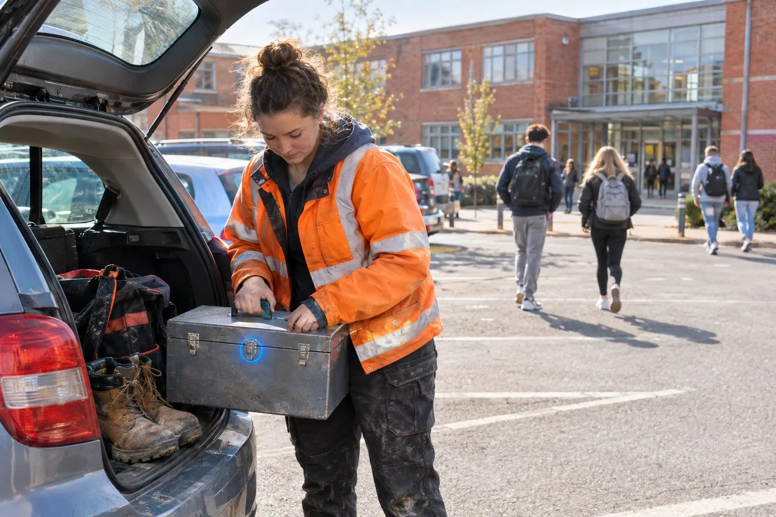 Construction bursary kit: a young learner lifts a metal toolbox out of a car boot in a red brick college car park. Construction bursary kit: a young learner lifts a metal toolbox out of a car boot in a red brick college car park.