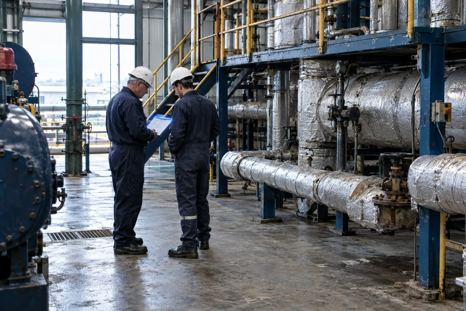 Two maintenance workers in a factory plant room going over an isolation permit on a clipboard, an access gantry behind them Two maintenance workers in a factory plant room going over an isolation permit on a clipboard, an access gantry behind them