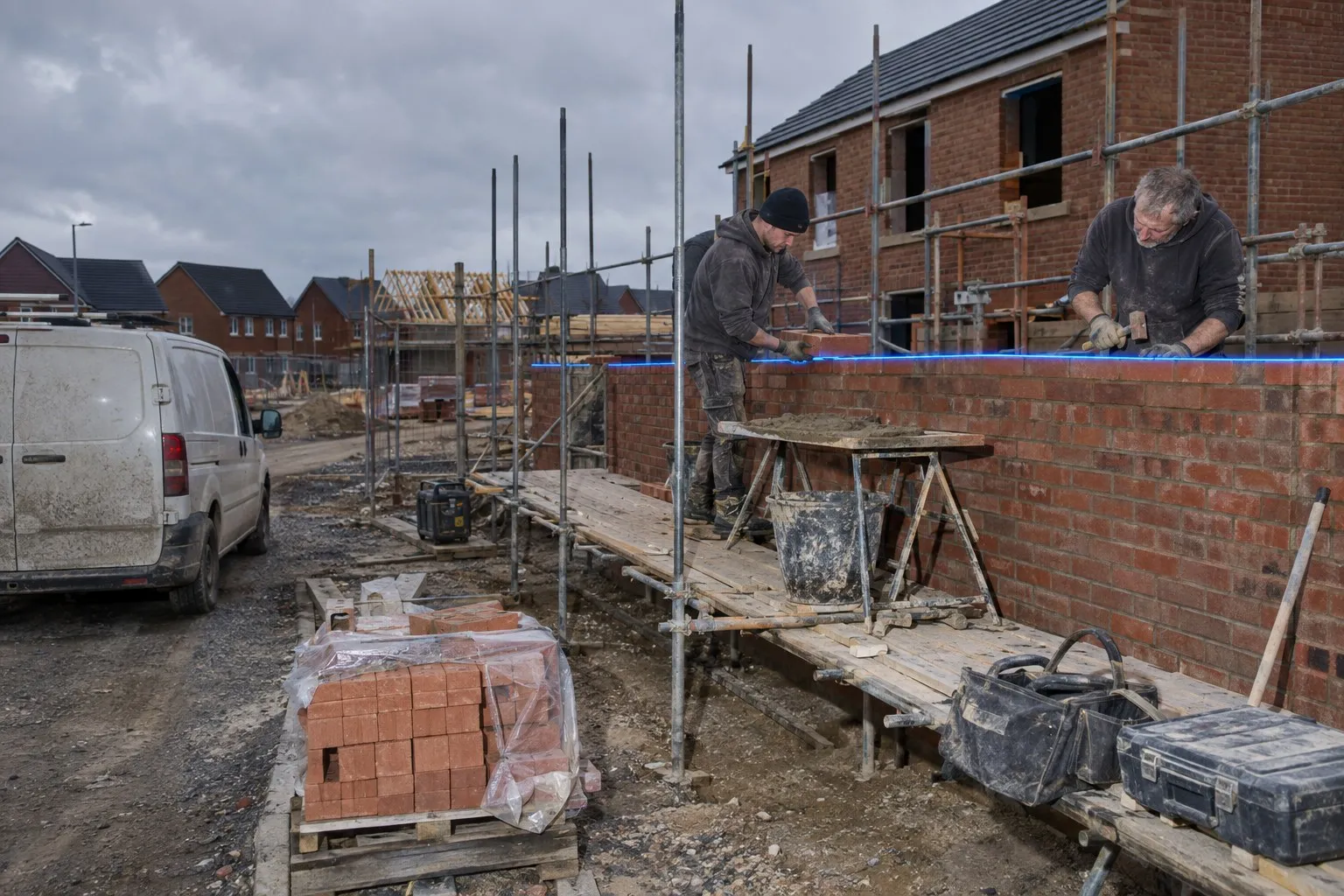 New-build housing site: two bricklayers raising the brick walls of a pair of semi-detached houses from the scaffold, a van parked on the unfinished estate road