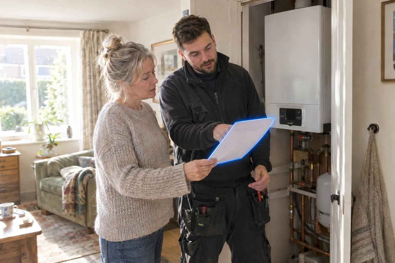 TrustMark consultation over complaints: a heating engineer and a homeowner stand by a newly fitted boiler discussing a snag on the job