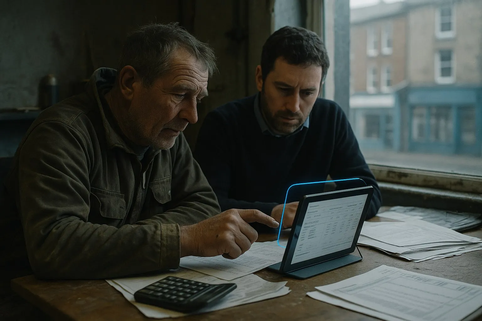 A construction business owner and an accountant going over subcontractor payment records together at an office desk