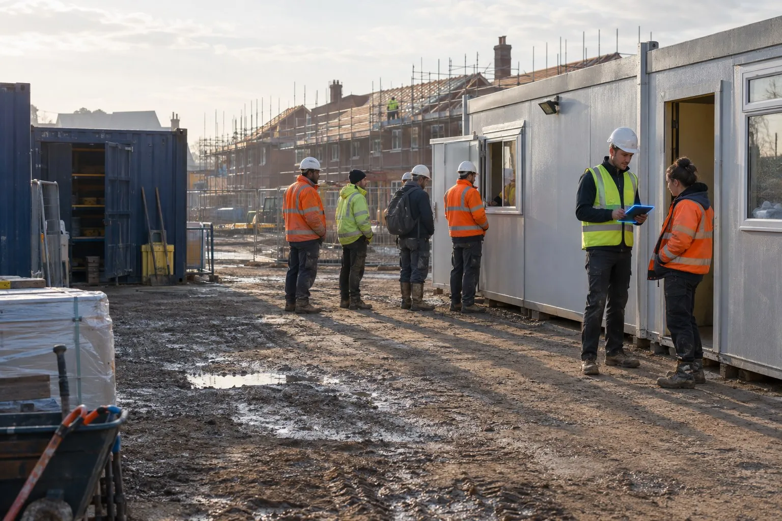 Fitness for work check: a site manager talks quietly with an operative at the door of a welfare cabin as the crew signs in for the morning shift