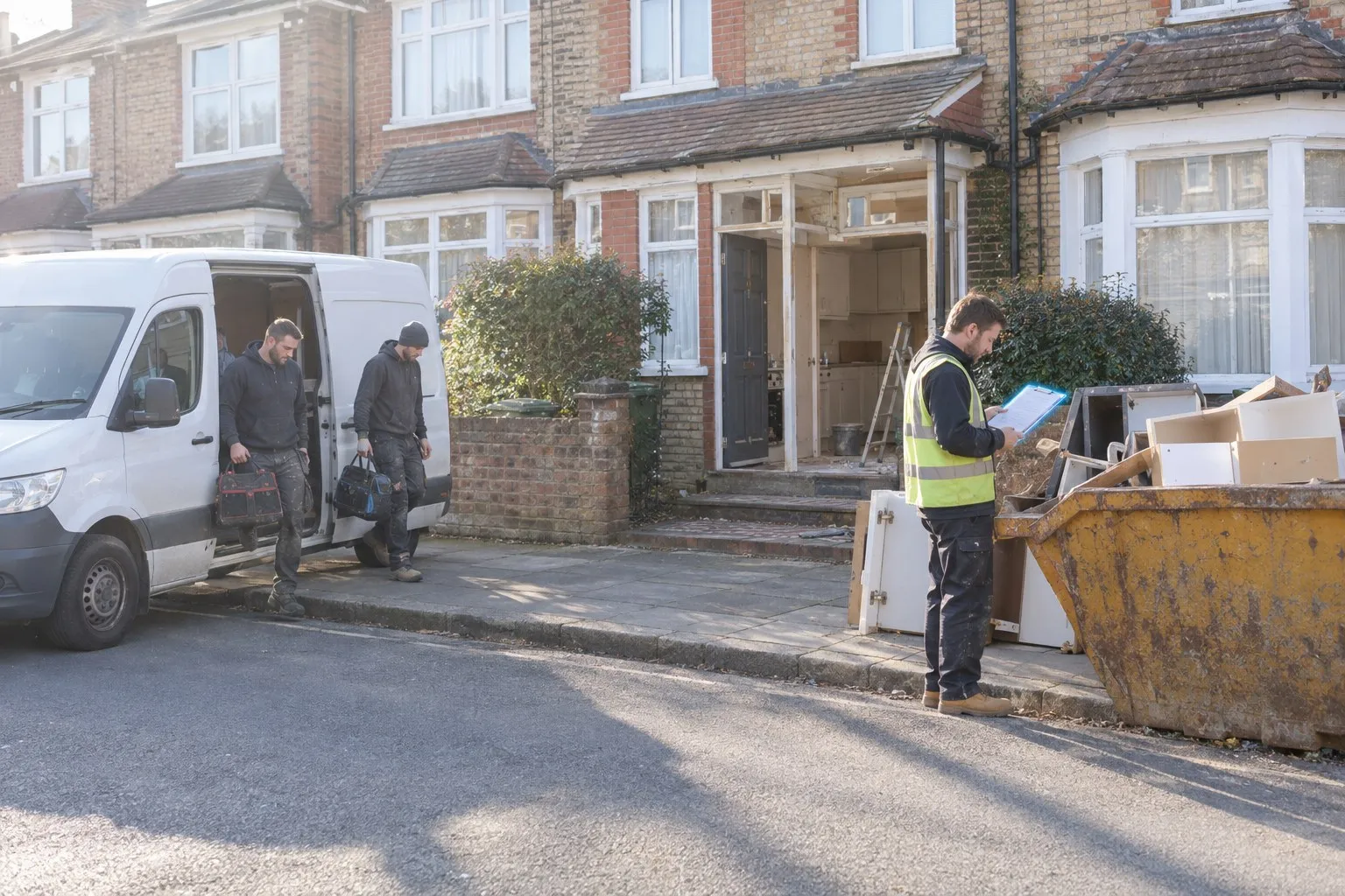 Right to work checks for supplied labour: outside a terraced house with a kitchen refit under way, two workers climb out of a labour supplier’s van while the person running the job reads the supply agreement on a clipboard by the skip Right to work checks for supplied labour: outside a terraced house with a kitchen refit under way, two workers climb out of a labour supplier’s van while the person running the job reads the supply agreement on a clipboard by the skip
