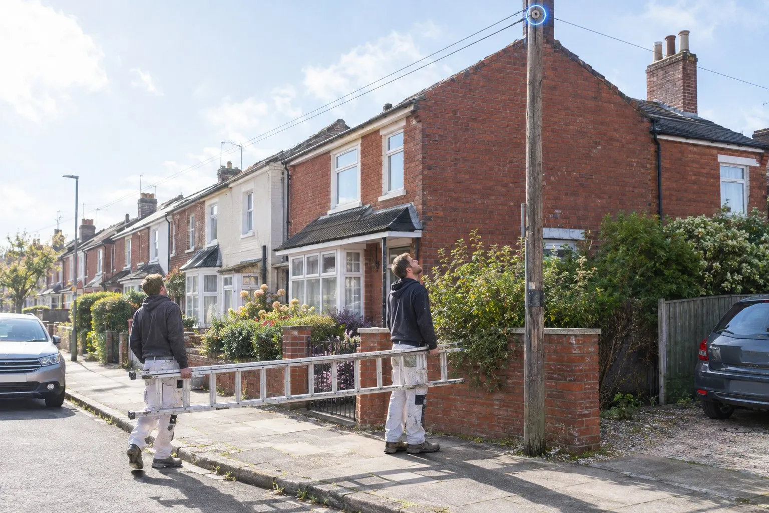 Two decorators carry a lowered extension ladder along the pavement in front of a terraced house while one looks up at the overhead power line running past the gable from a pole on the pavement