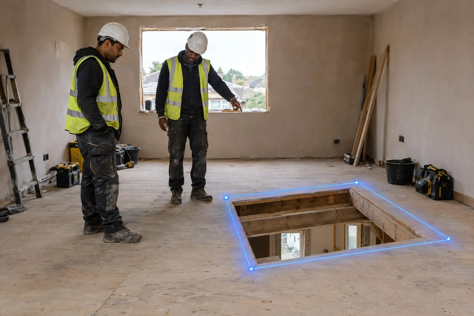 Work at height fall hazard: an unguarded stairwell opening in the timber floor of a house under construction, with no cover or edge protection