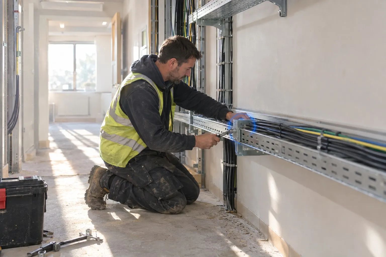 Cable support fixings and containment brackets in a riser cupboard, viewed close up as an electrician tightens a support clamp on a cable tray run. Cable support fixings and containment brackets in a riser cupboard, viewed close up as an electrician tightens a support clamp on a cable tray run.