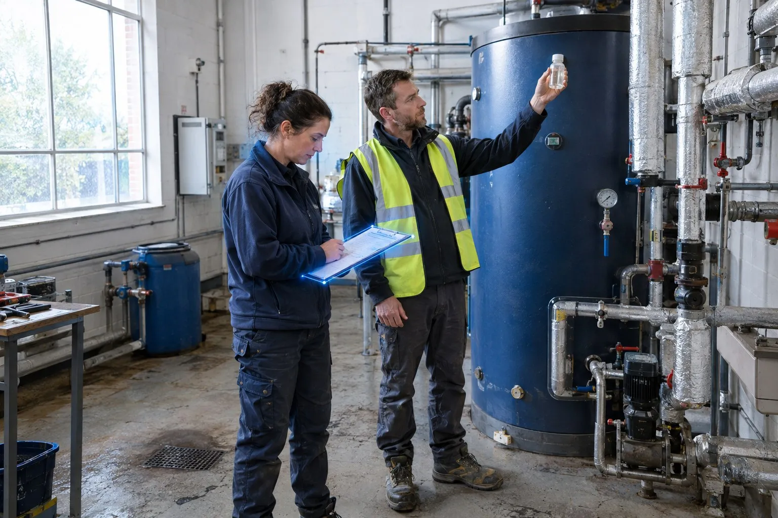 Water treatment specialist checking paperwork beside commercial hot water equipment in a plant room