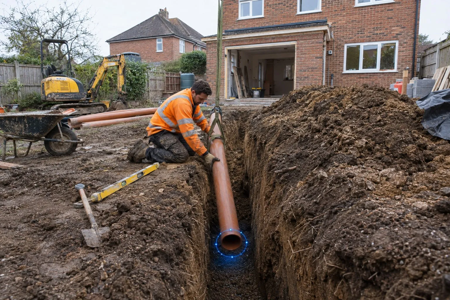 Trench collapse prosecution: an open, unsupported house-extension trench beside the exposed foundations of an adjoining conservatory, with a groundworker guiding a length of drainage pipe into the dig Trench collapse prosecution: an open, unsupported house-extension trench beside the exposed foundations of an adjoining conservatory, with a groundworker guiding a length of drainage pipe into the dig