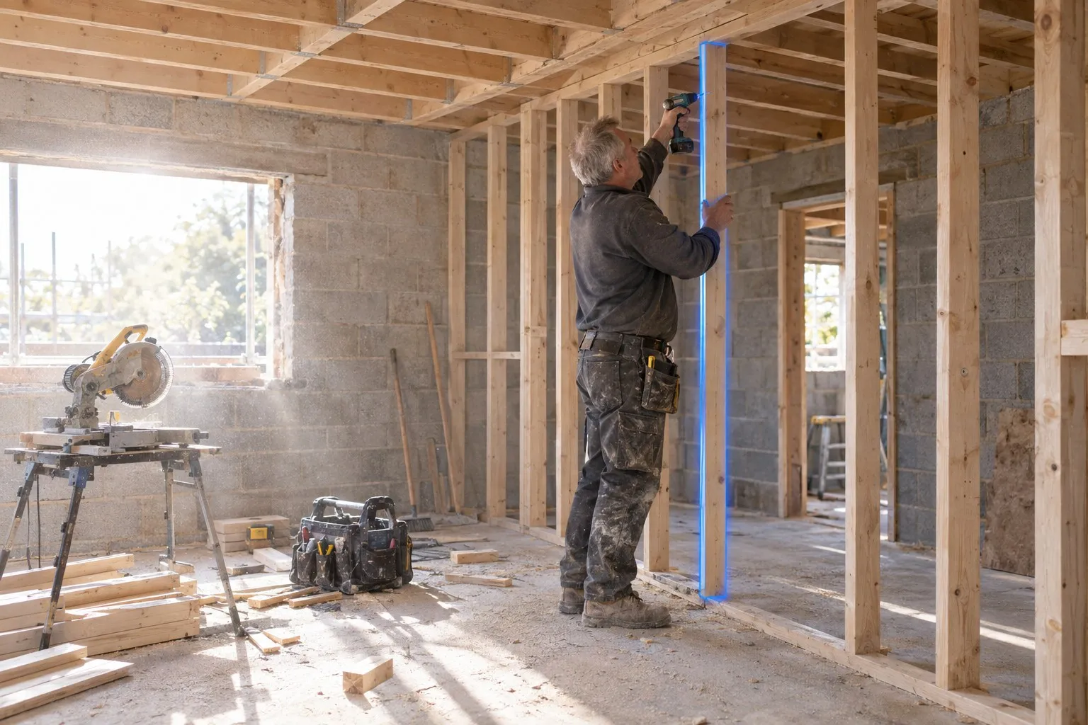 Subcontract joiner fitting timber stud framing inside a house under construction, with timber offcuts and tools on the floor Subcontract joiner fitting timber stud framing inside a house under construction, with timber offcuts and tools on the floor