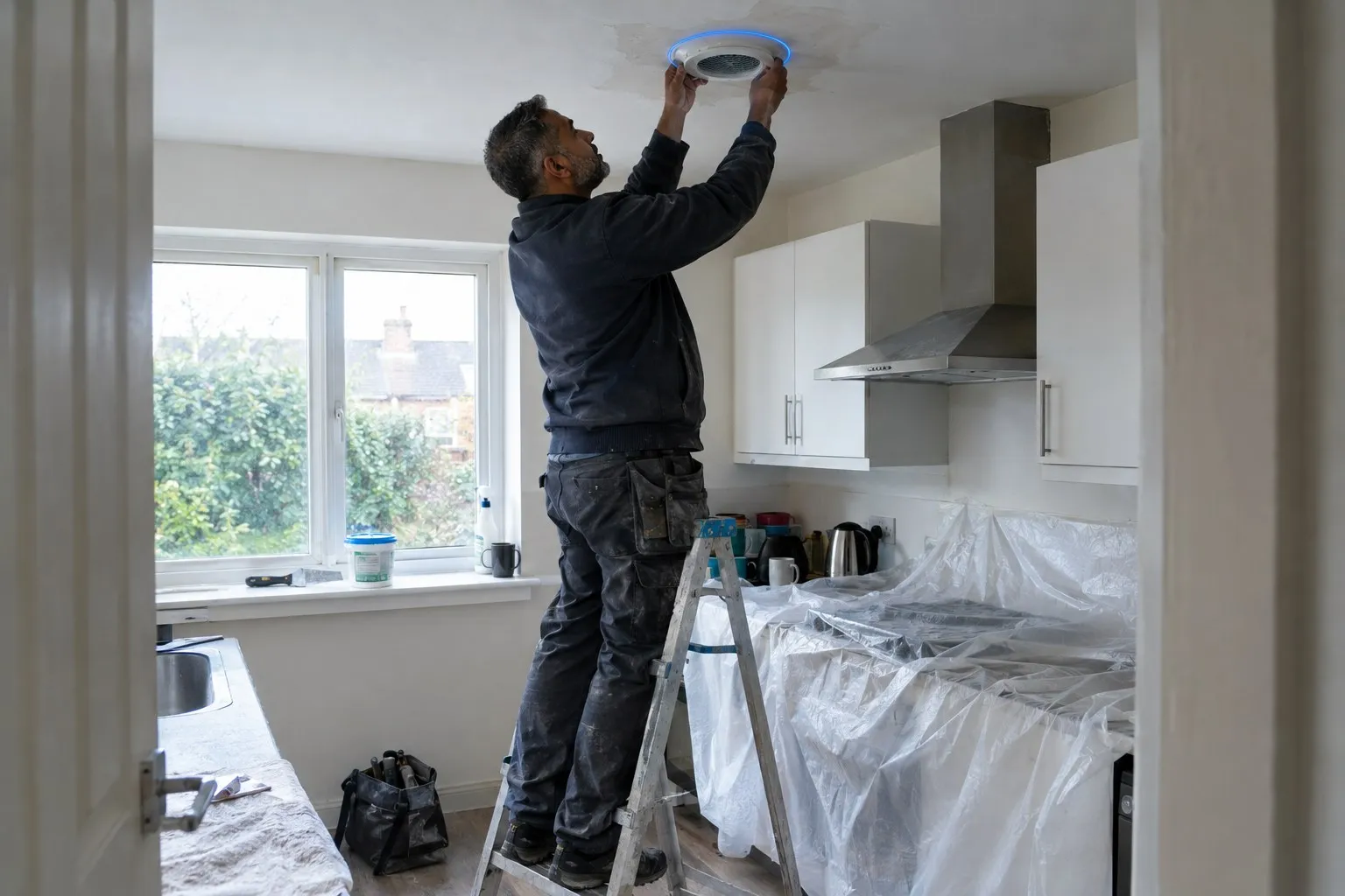 A repair worker on a step ladder refits a round extractor fan in a kitchen ceiling cleaned of black mould, with dust sheets over the worktop below