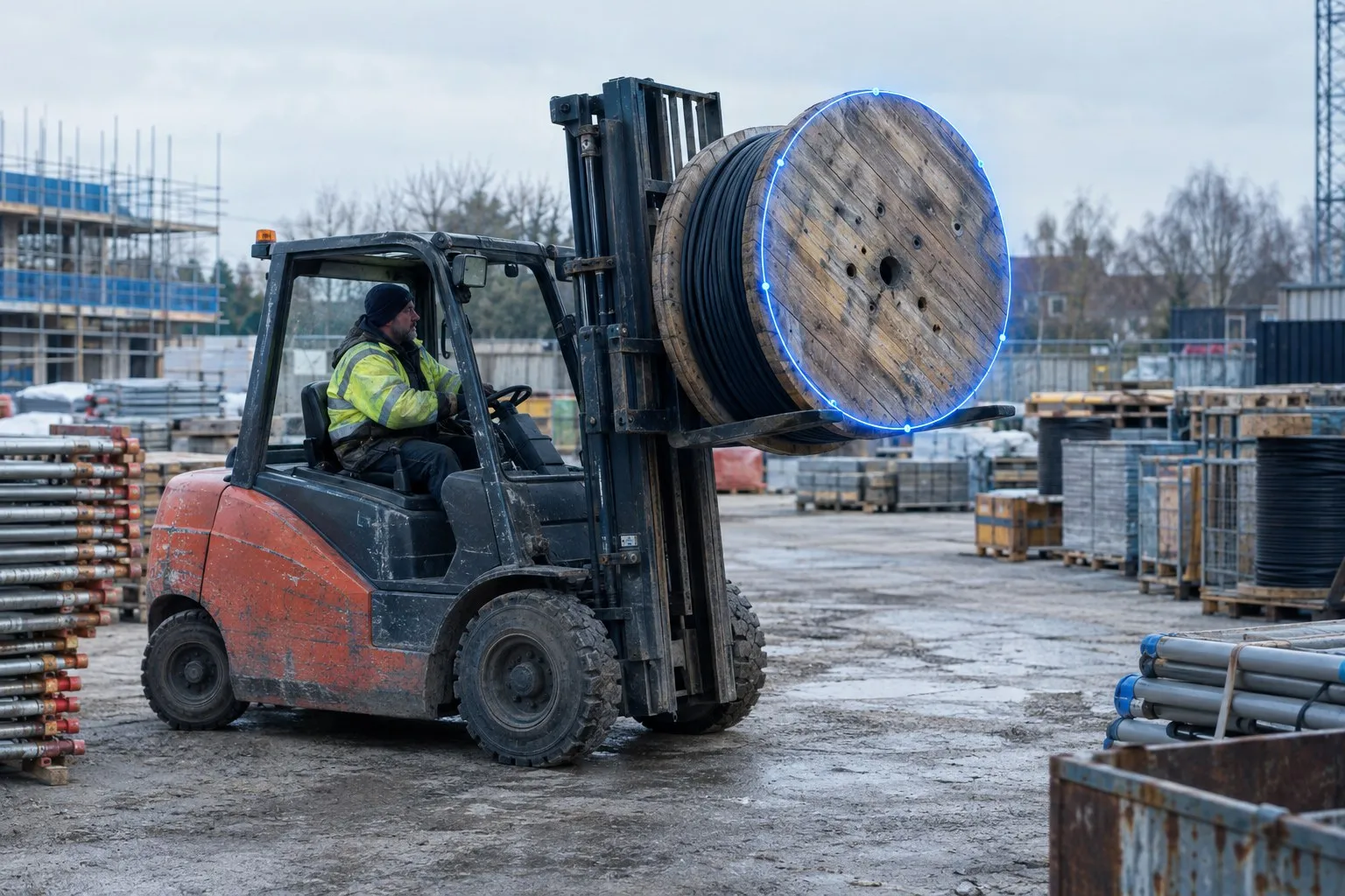 A forklift operator on a UK site lifting an awkward round load on the forks, shot wide with the yard around him A forklift operator on a UK site lifting an awkward round load on the forks, shot wide with the yard around him
