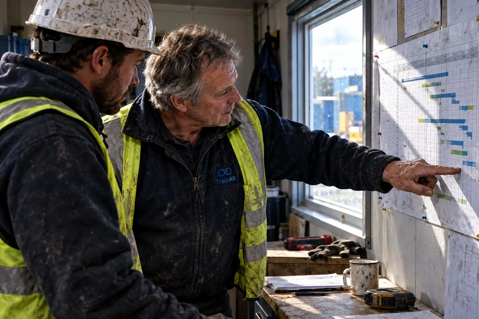 A trades business owner and an installer standing over a work schedule in a site portacabin, working out which weeks belong to which contract A trades business owner and an installer standing over a work schedule in a site portacabin, working out which weeks belong to which contract