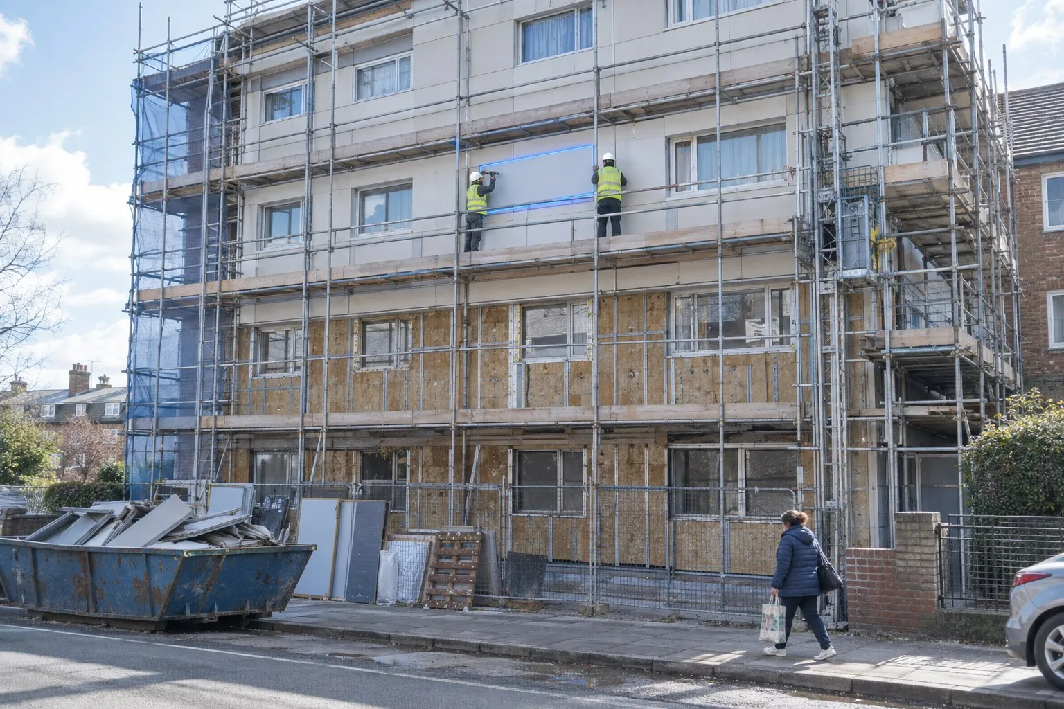 Cladding remediation on a block of flats seen from the street, with scaffolding up, old panels stripped from the lower floors and new rainscreen boards fitted above.
