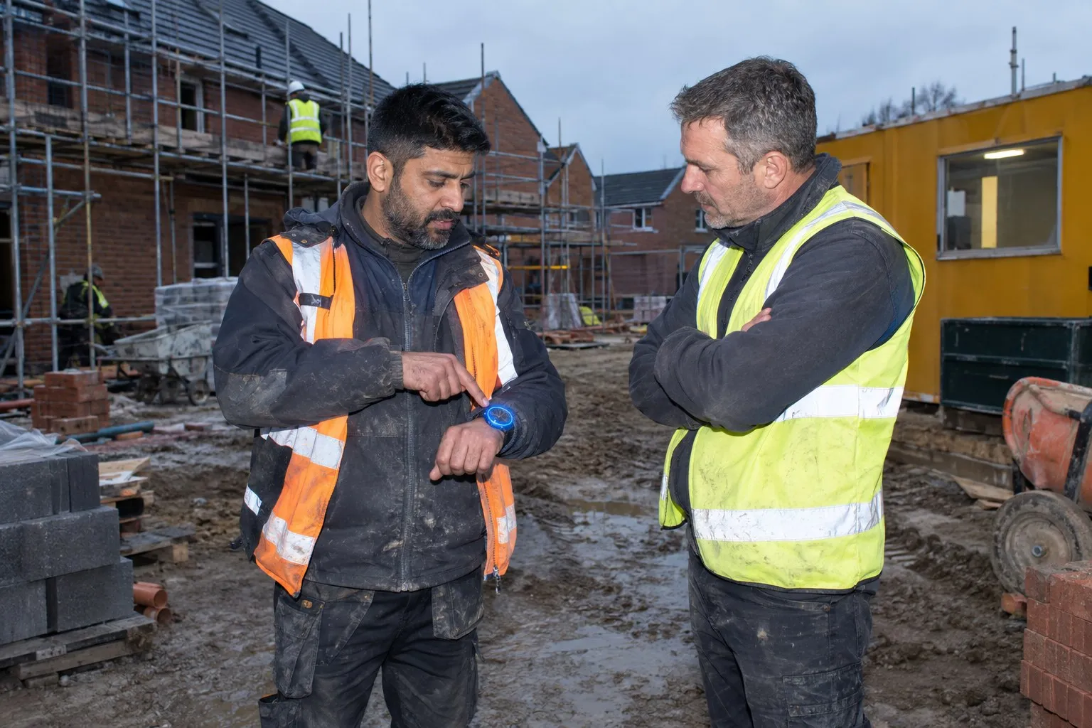 A bricklayer taps his wristwatch while talking flexible working hours with the site manager beside the scaffold on a housing site