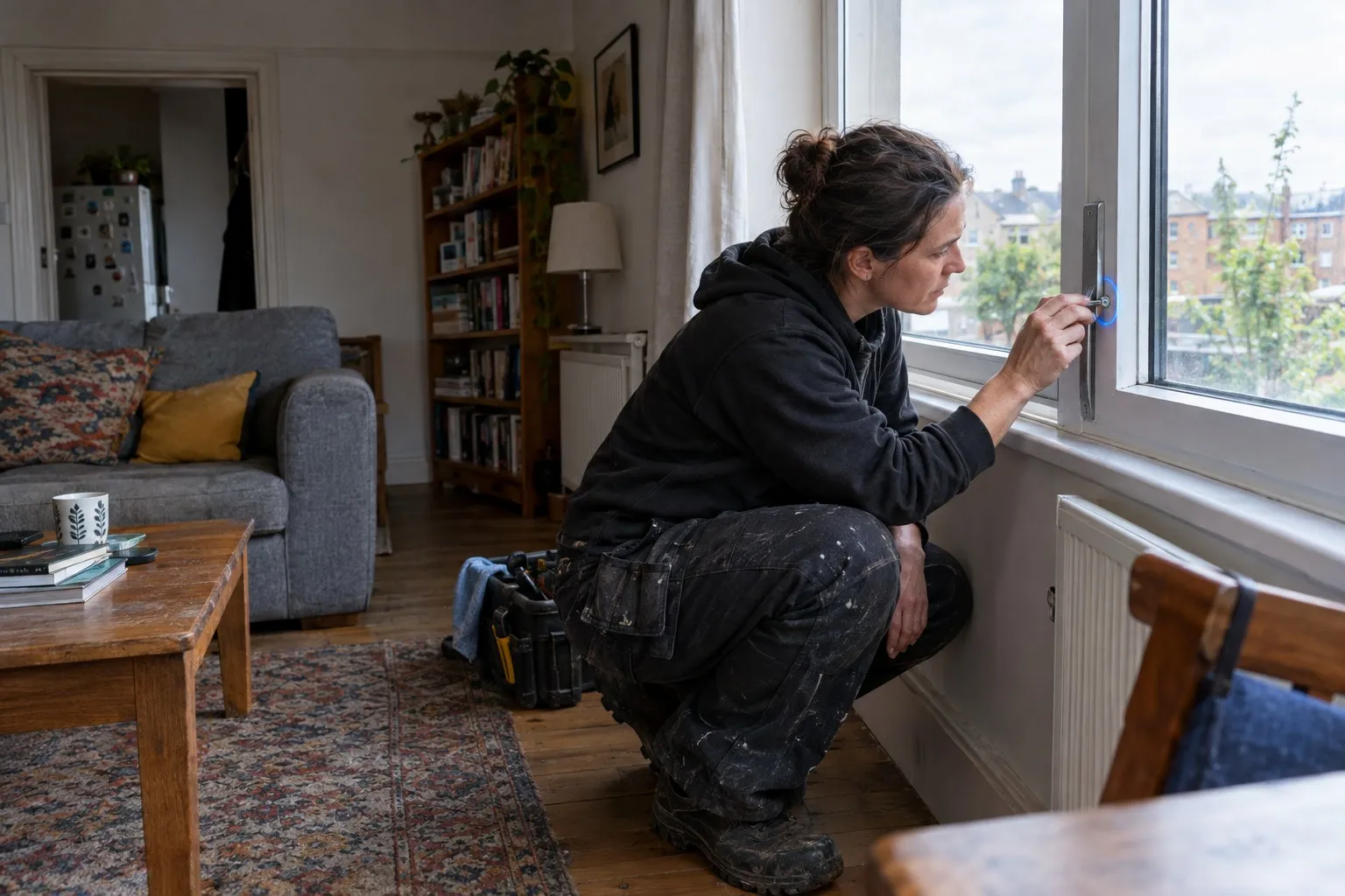Falling window detail: the restrictor catch and single screw meant to stop a window opening too far Falling window detail: the restrictor catch and single screw meant to stop a window opening too far