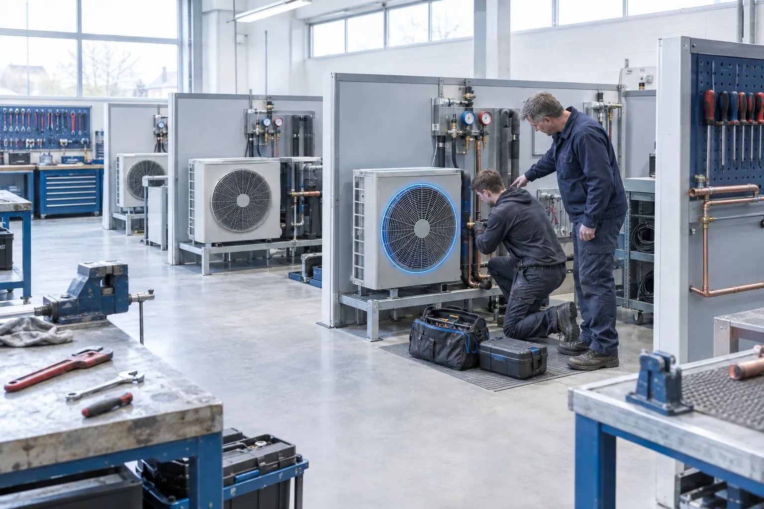 Heat pump training bays in a college workshop, with air source heat pump outdoor units piped up to test rigs, and an apprentice and an instructor working at one of the bays Heat pump training bays in a college workshop, with air source heat pump outdoor units piped up to test rigs, and an apprentice and an instructor working at one of the bays