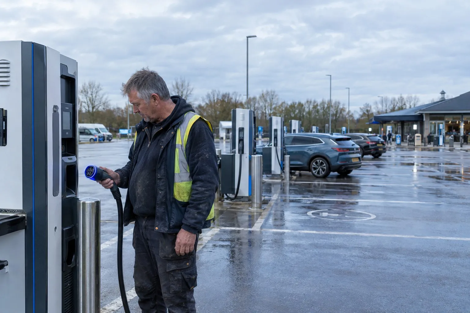 Grid connection delays and EV charging: an electrician checks the connector on a rapid charge point at a UK motorway services, a row of chargers behind