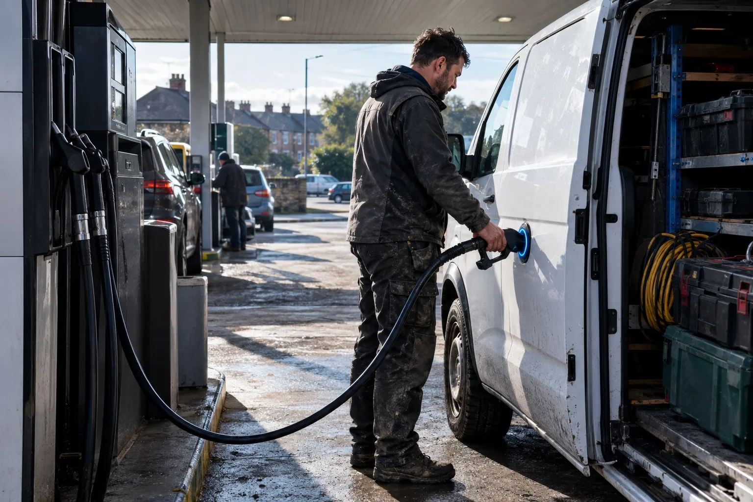 Diesel price rise: a van driver fills a white work van at a forecourt pump, the side door open on racking, tool cases and coiled cable Diesel price rise: a van driver fills a white work van at a forecourt pump, the side door open on racking, tool cases and coiled cable
