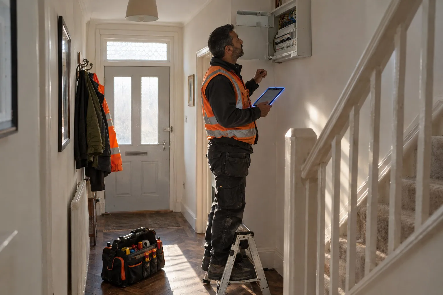 BS 7671 Amendment 4 EICR form open on a tablet held by an electrician at an open consumer unit in the hallway of a house BS 7671 Amendment 4 EICR form open on a tablet held by an electrician at an open consumer unit in the hallway of a house