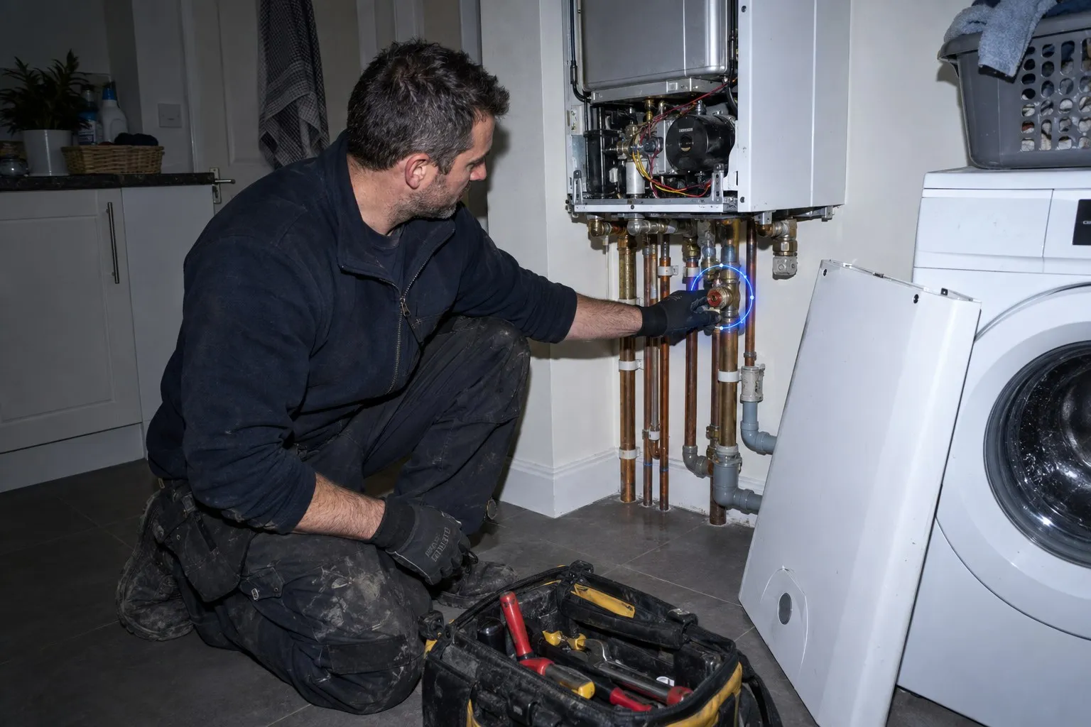 Gas boiler with its front casing removed and leaning against the wall, a torch shining into the exposed pipework Gas boiler with its front casing removed and leaning against the wall, a torch shining into the exposed pipework