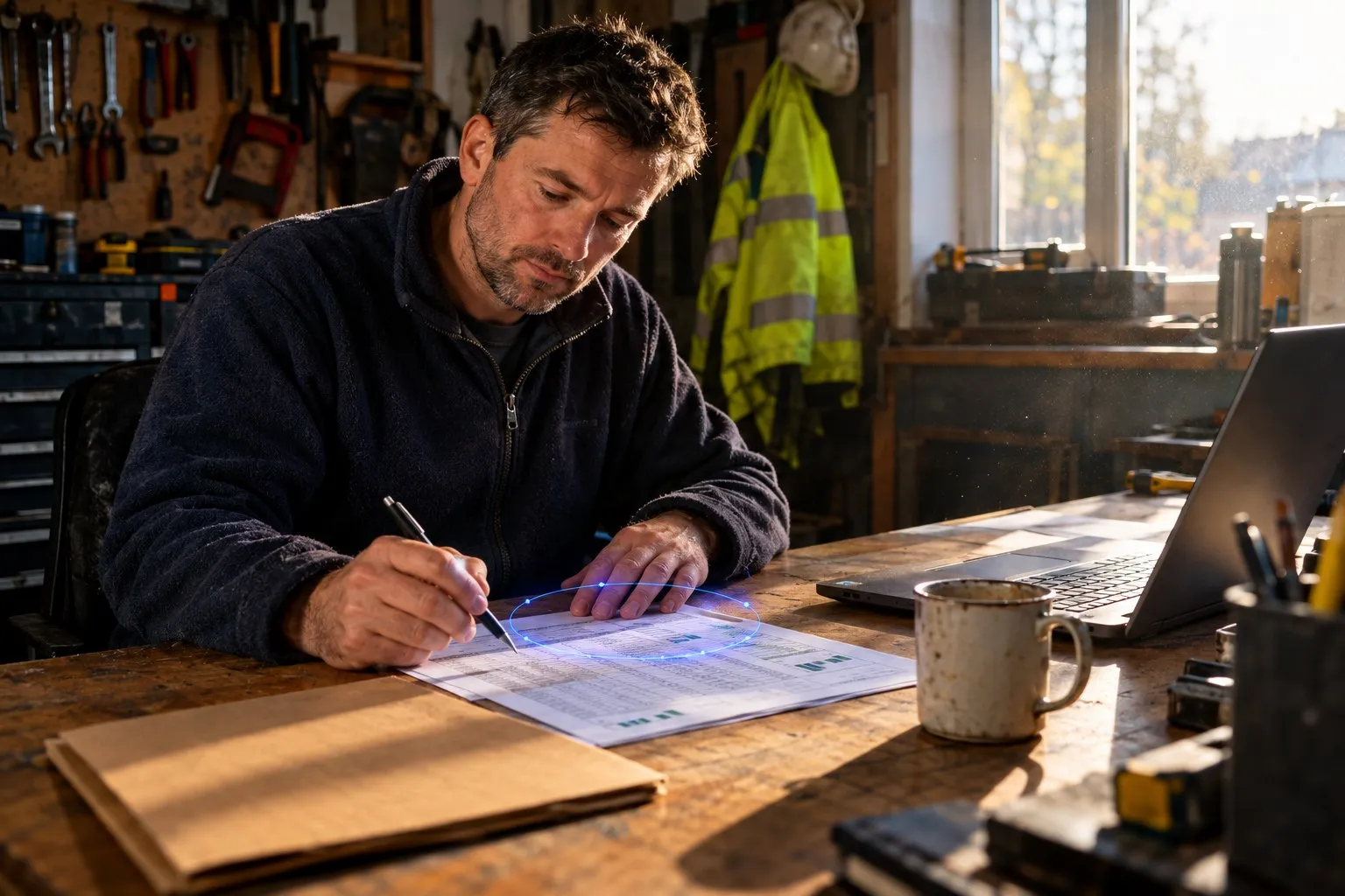 A trades business owner writing at his workbench late in the evening, a stack of envelopes beside him A trades business owner writing at his workbench late in the evening, a stack of envelopes beside him