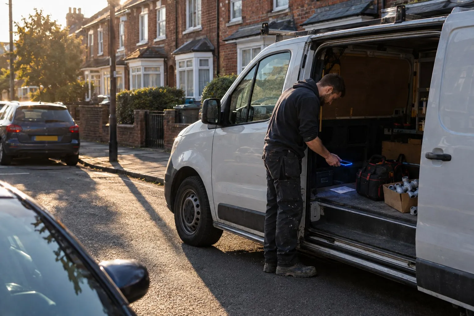 Making Tax Digital records: a plumber photographs a fuel receipt with his phone at the open side door of his van on a residential street Making Tax Digital records: a plumber photographs a fuel receipt with his phone at the open side door of his van on a residential street