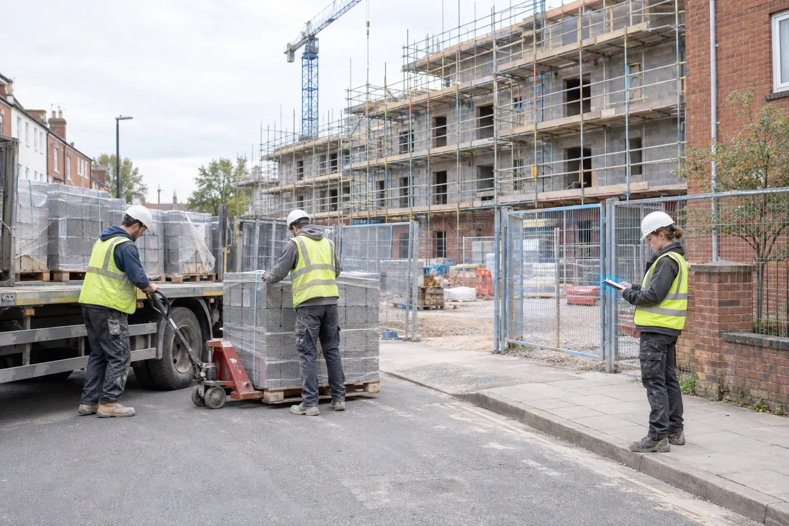 Building safety levy: a bricklaying crew unloads pallets of concrete blocks at the gate of a large block of flats under construction, with scaffolding on the upper floors and a tower crane behind Building safety levy: a bricklaying crew unloads pallets of concrete blocks at the gate of a large block of flats under construction, with scaffolding on the upper floors and a tower crane behind