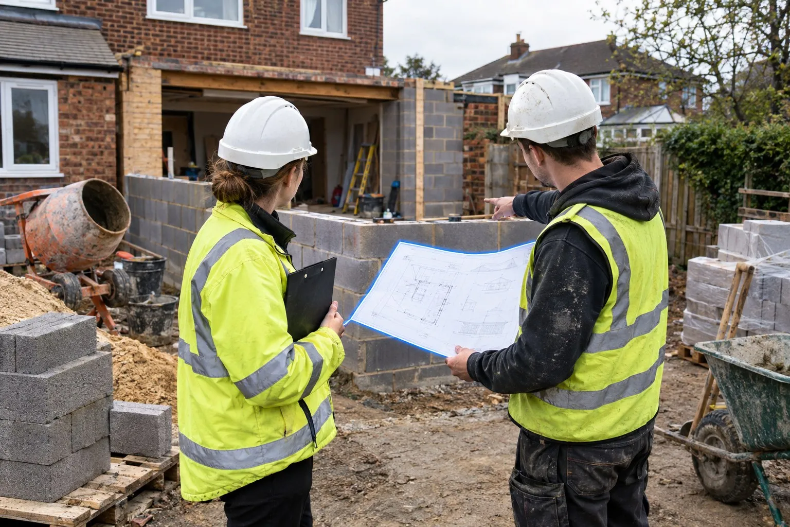 Building control officer and a builder checking house extension drawings beside new blockwork on site, both in hi-vis jackets and hard hats
