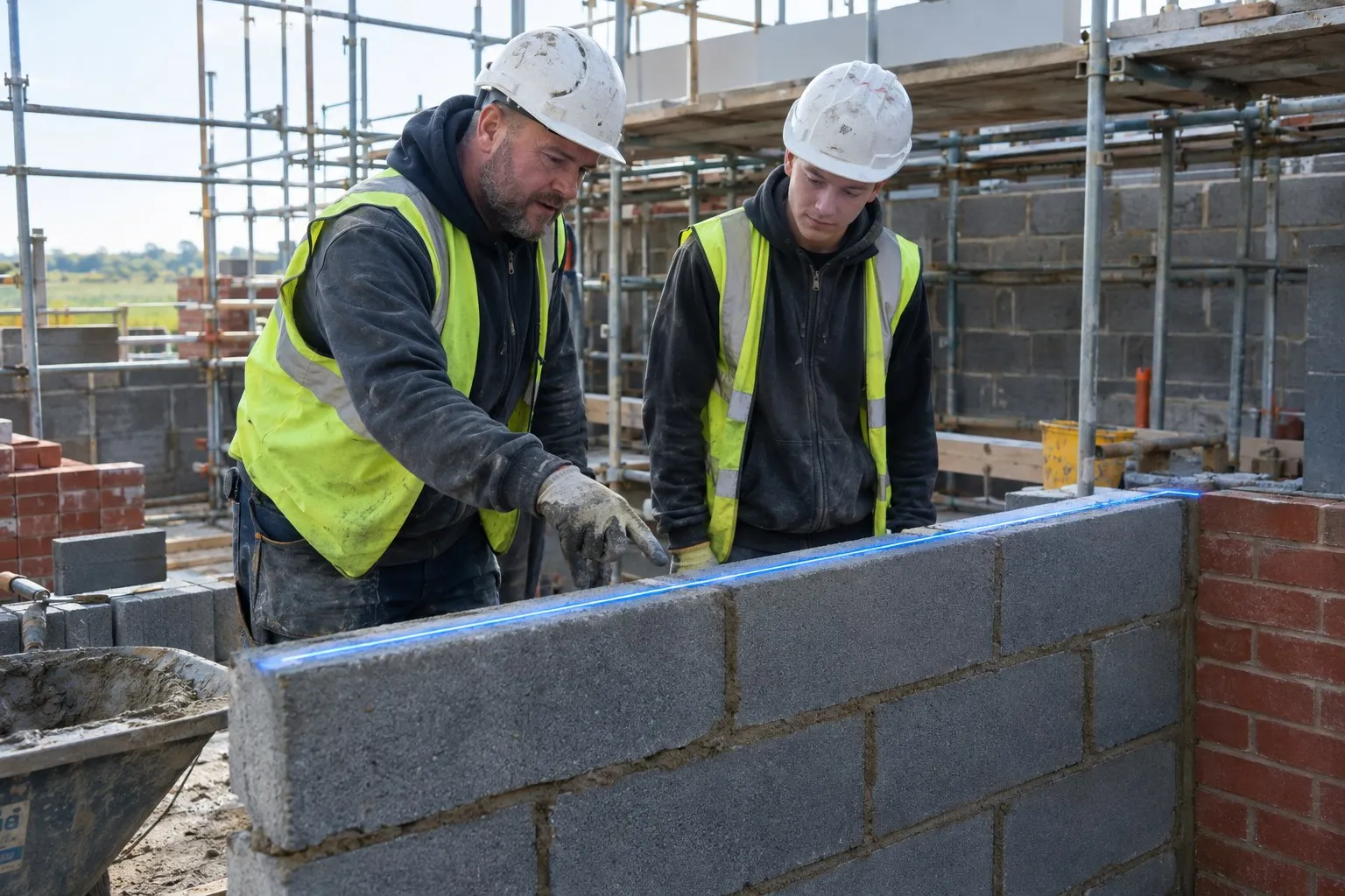 Skills academy training scene: an experienced bricklayer shows a young apprentice how to check a fresh course of blockwork on a UK building site. Skills academy training scene: an experienced bricklayer shows a young apprentice how to check a fresh course of blockwork on a UK building site.