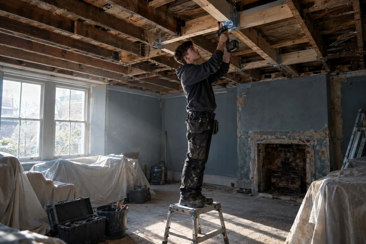 Exposed first-floor joists seen from the ground floor of a house refurbishment, with a worker fixing a joist hanger from below Exposed first-floor joists seen from the ground floor of a house refurbishment, with a worker fixing a joist hanger from below