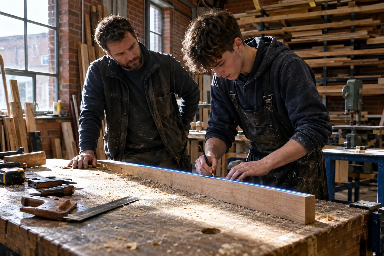 Construction college network training: a carpentry tutor watches an apprentice mark timber at a college workshop bench. Construction college network training: a carpentry tutor watches an apprentice mark timber at a college workshop bench.